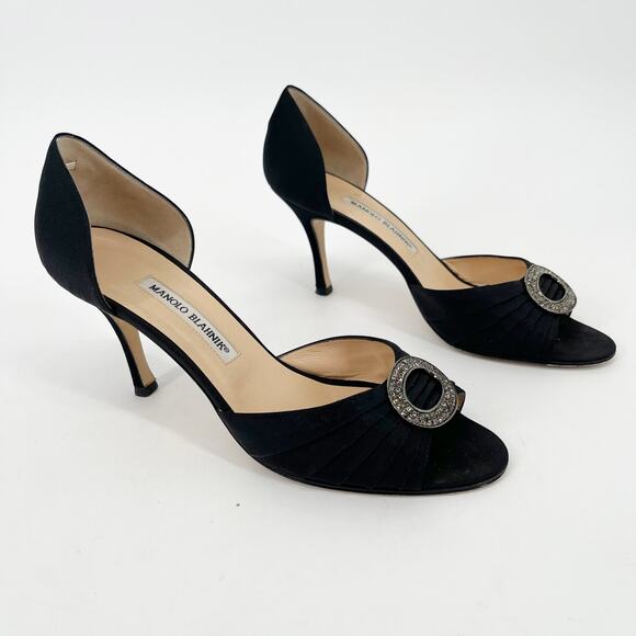 Manolo Blahnik y2k Black Satin Sedaraby Crystal D’Orsay Peep Toe Heels IT 41 - Picture 2 of 14